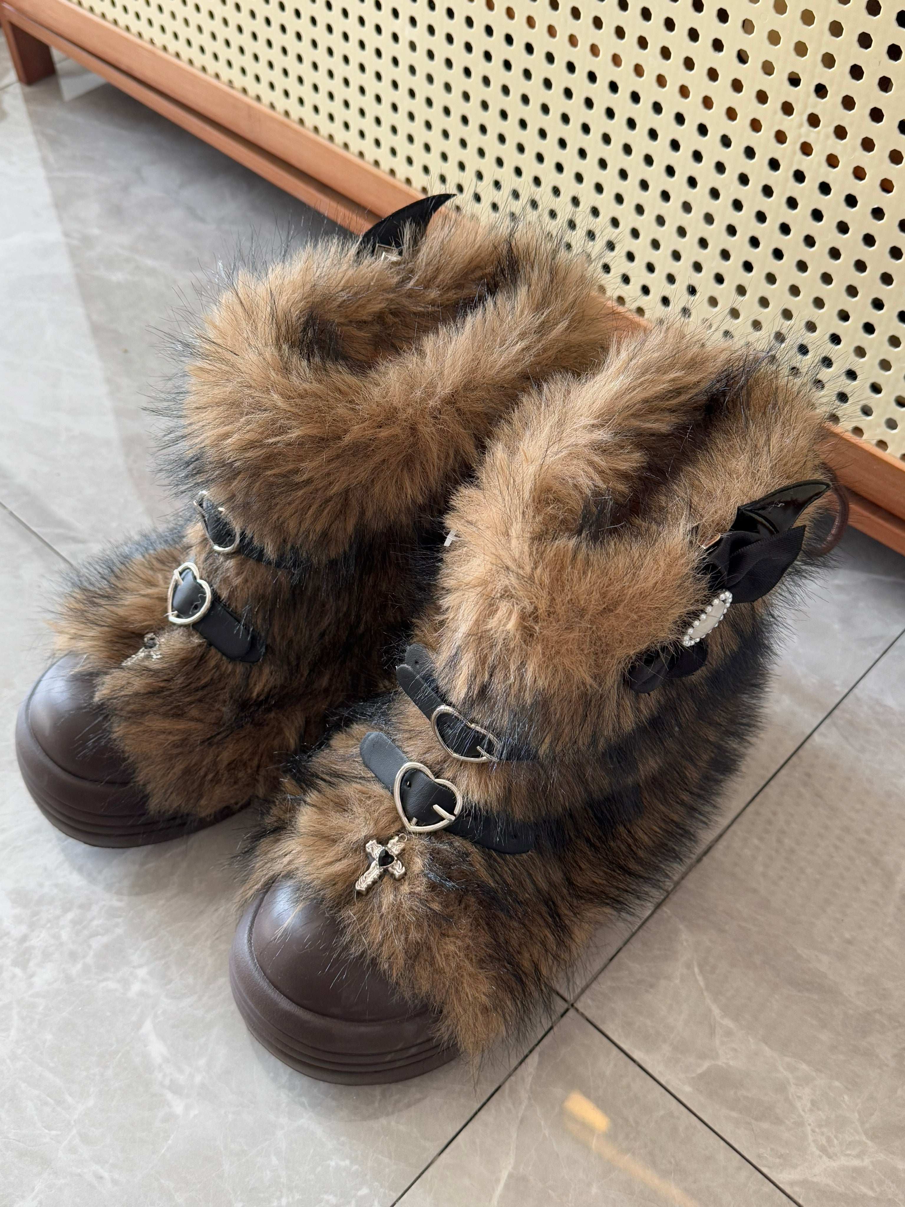 Pinky Fur White Pink Black Brown Winter Plush Snow Boots - Image 13