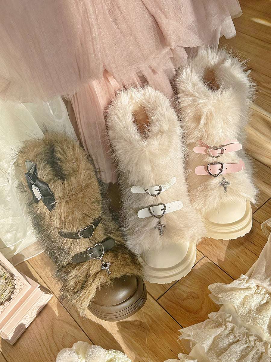 Pinky Fur White Pink Black Brown Winter Plush Snow Boots - Image 3