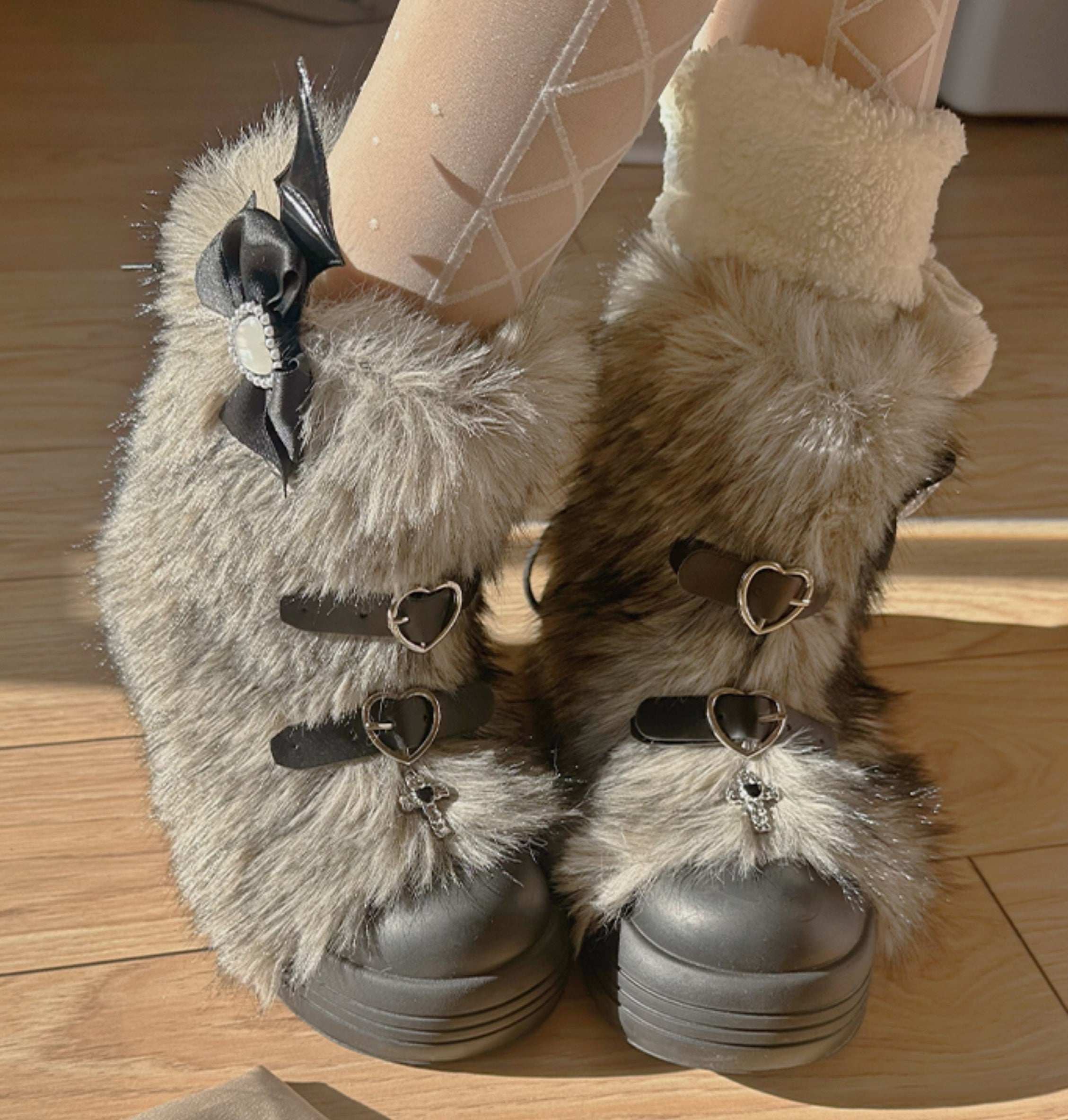 Pinky Fur White Pink Black Brown Winter Plush Snow Boots - Image 4