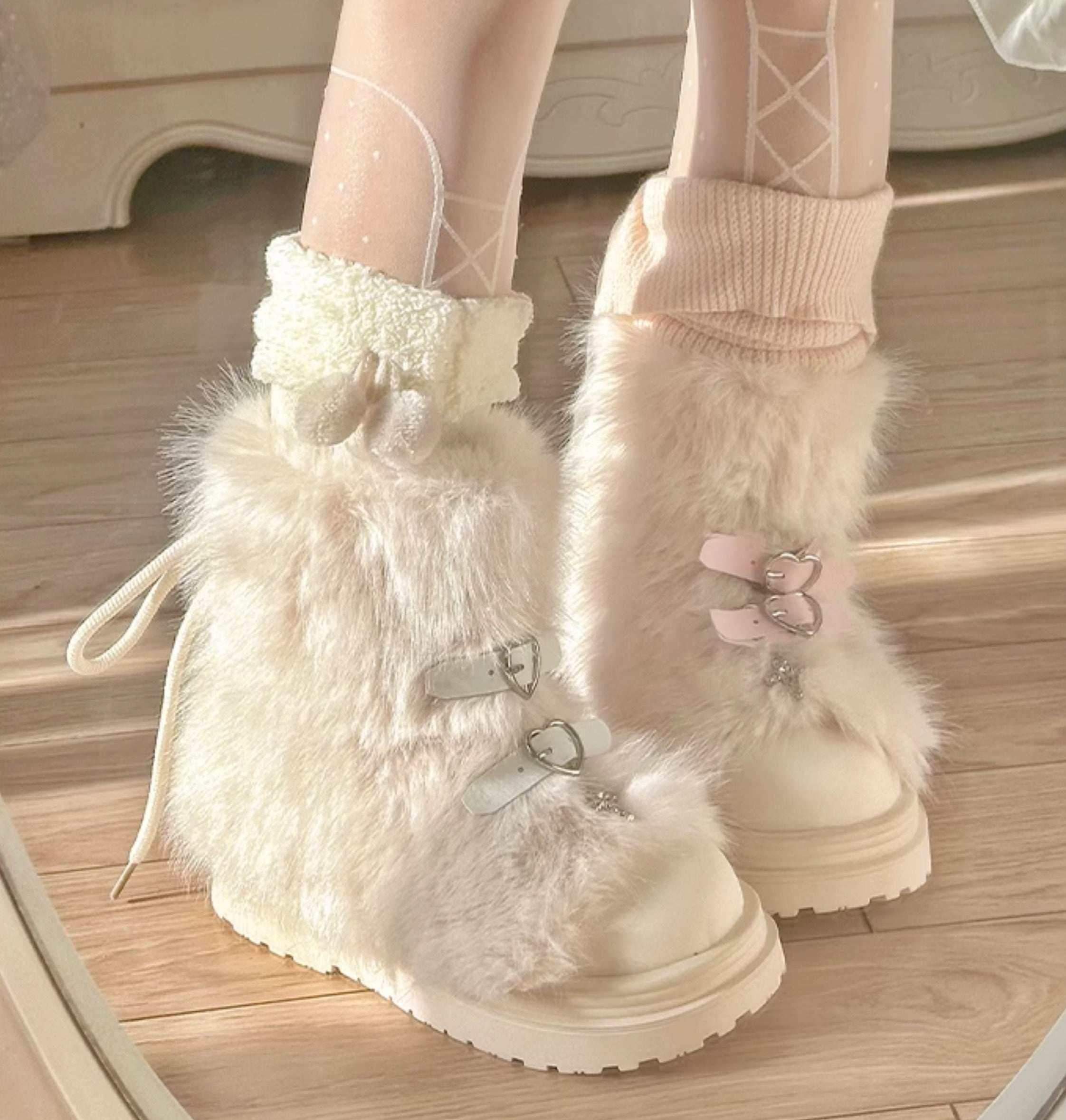 Pinky Fur White Pink Black Brown Winter Plush Snow Boots - Image 5