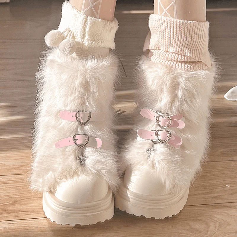 Pinky Fur White Pink Black Brown Winter Plush Snow Boots - Image 6