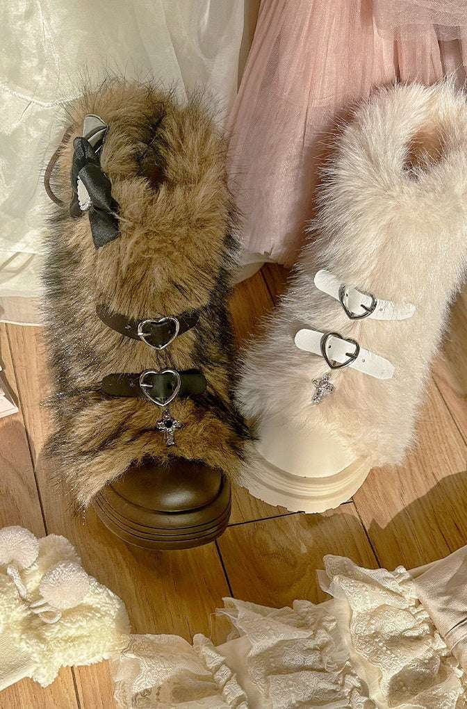 Pinky Fur White Pink Black Brown Winter Plush Snow Boots - Image 8