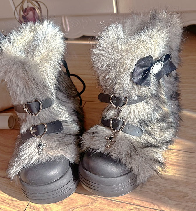 Pinky Fur White Pink Black Brown Winter Plush Snow Boots - Image 9