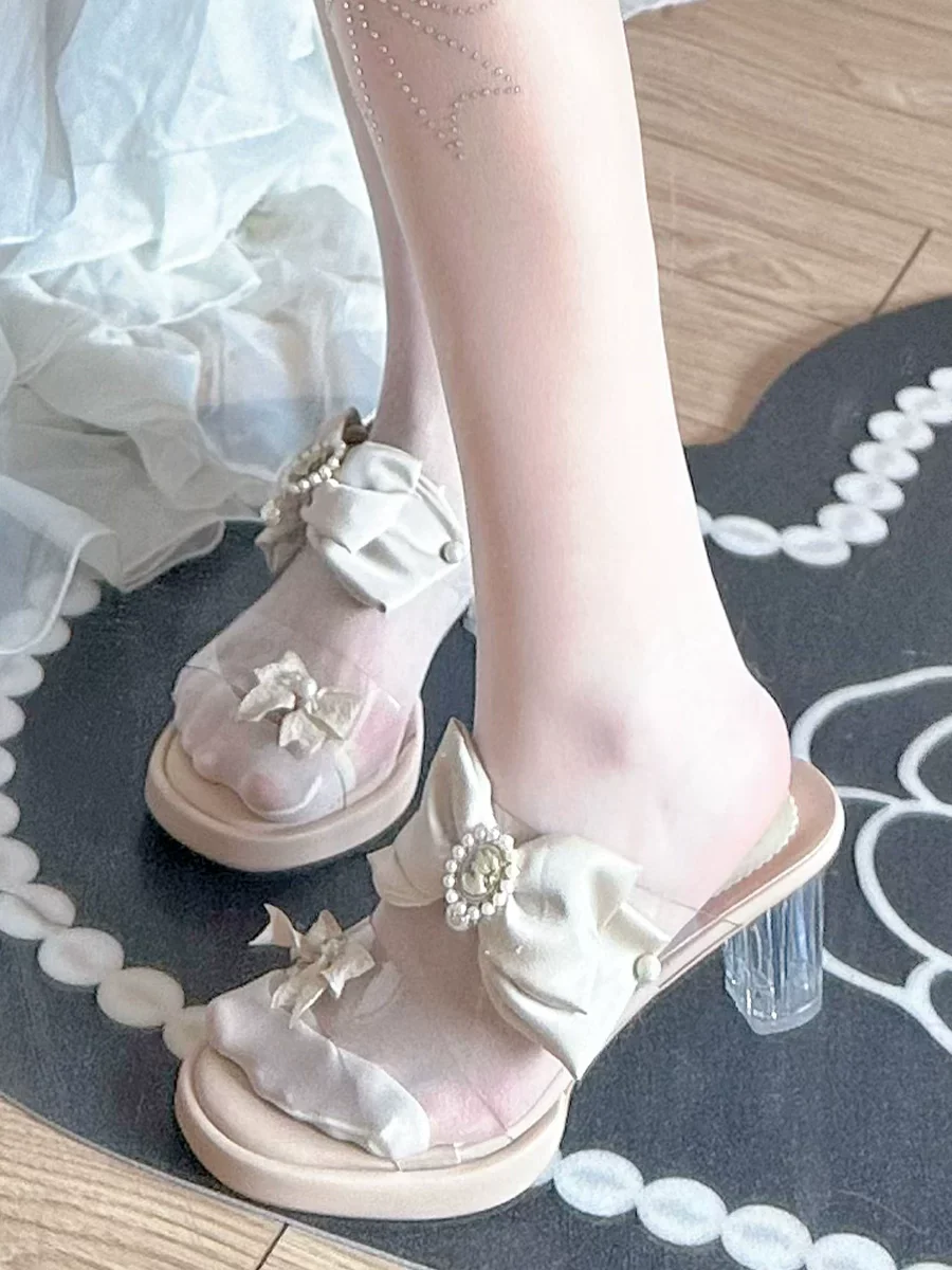 Pinky Retro Bow Cream Transparent Heeled Sandals - Image 3