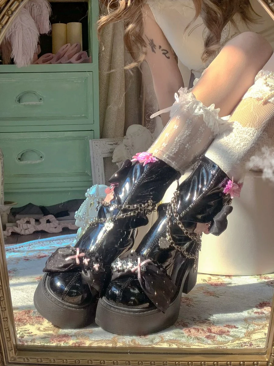 Pinky Sweet Core Pink Candy Black Boots - Image 2
