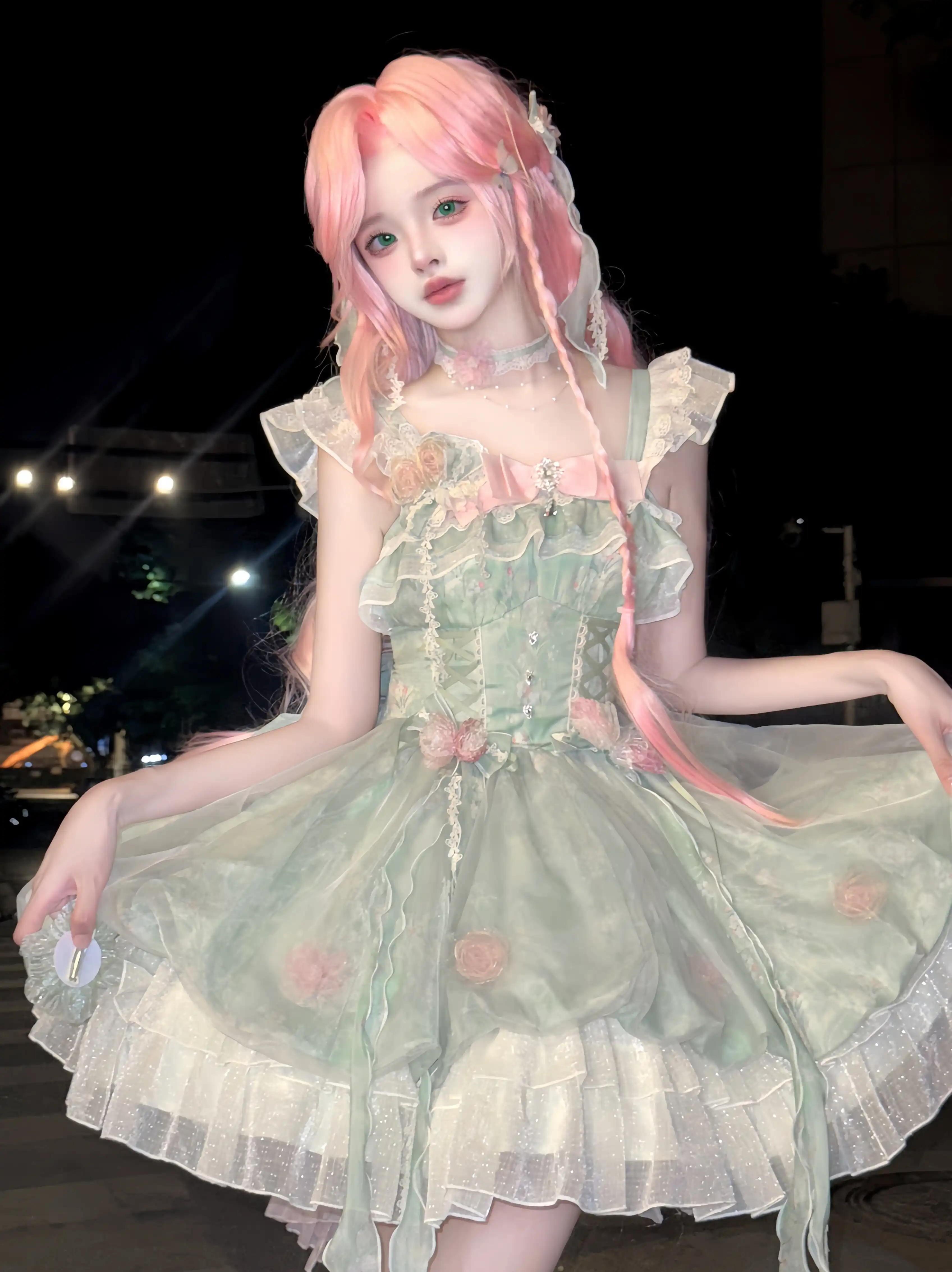Platycodon Girls Spring Forest Fairy Pink Green Lolita Dress - Image 4