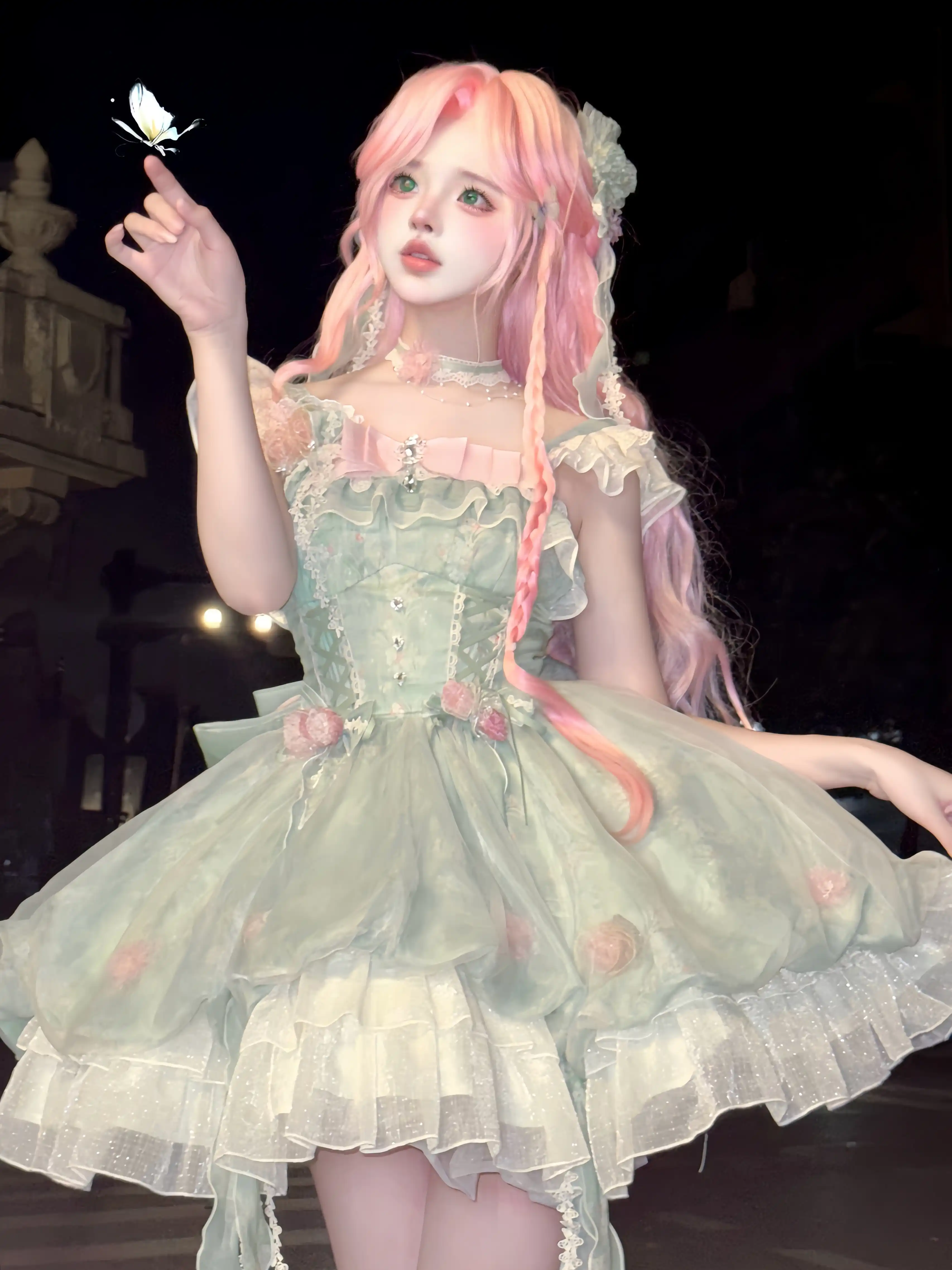 Platycodon Girls Spring Forest Fairy Pink Green Lolita Dress - Image 5