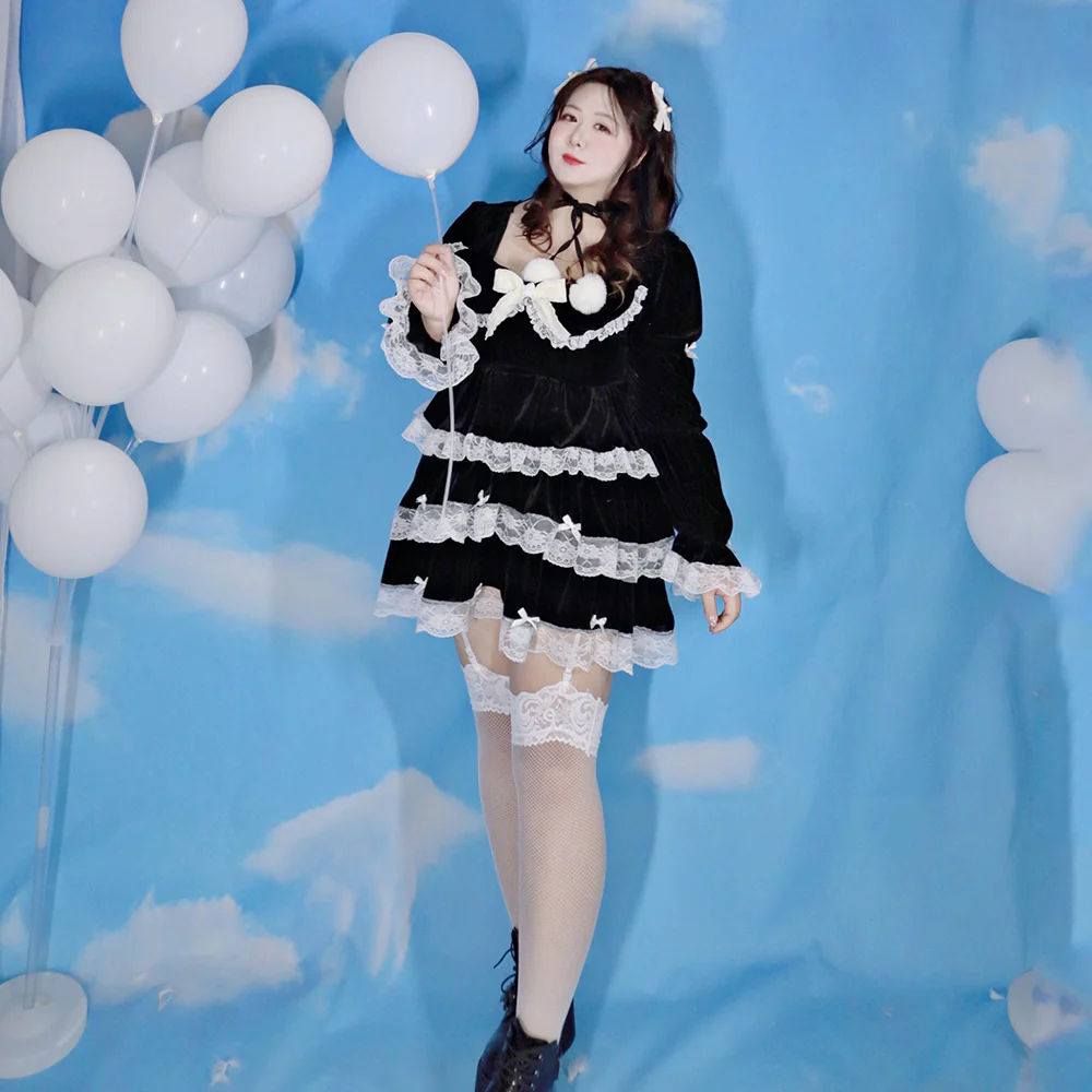 Plus Size Black & White Gothic EGL Winter Plush Velvet Long Sleeve Top & Mini Skirt Dress Two Piece Set - Image 10