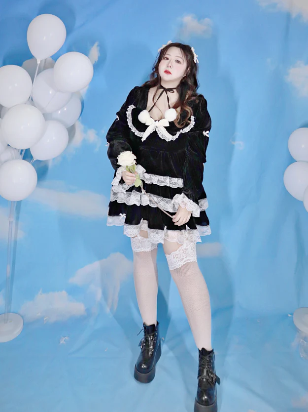 Plus Size Black & White Gothic EGL Winter Plush Velvet Long Sleeve Top & Mini Skirt Dress Two Piece Set - Image 3