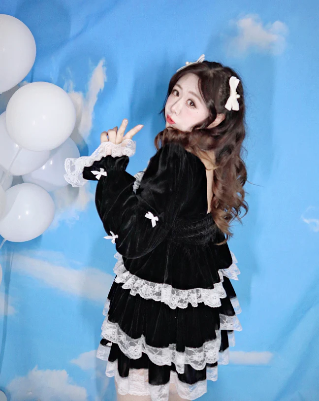 Plus Size Black & White Gothic EGL Winter Plush Velvet Long Sleeve Top & Mini Skirt Dress Two Piece Set - Image 5