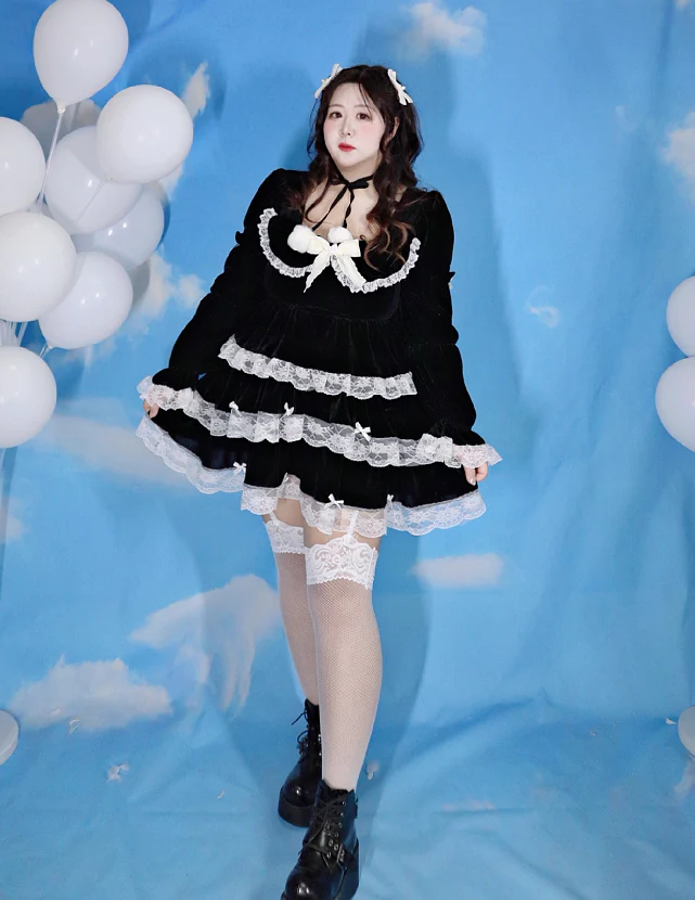 Plus Size Black & White Gothic EGL Winter Plush Velvet Long Sleeve Top & Mini Skirt Dress Two Piece Set - Image 6