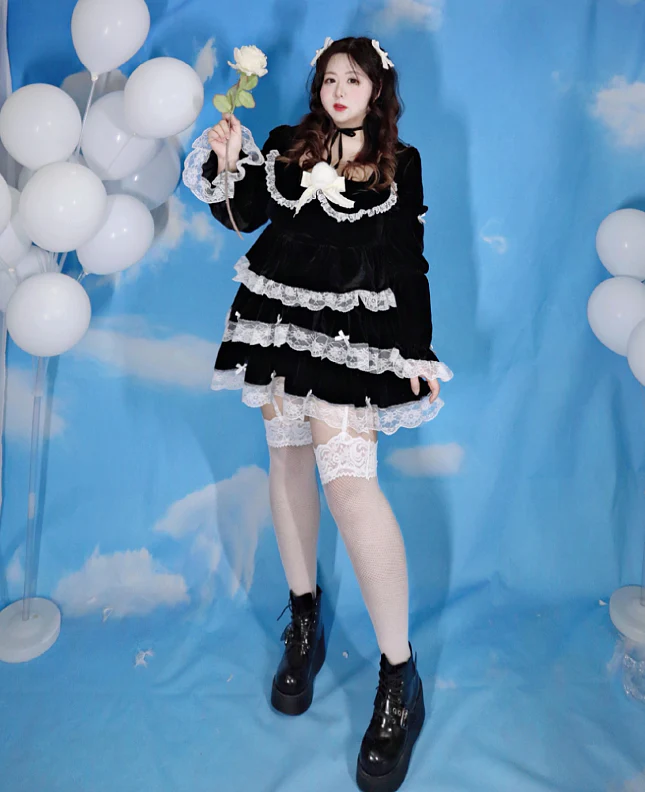 Plus Size Black & White Gothic EGL Winter Plush Velvet Long Sleeve Top & Mini Skirt Dress Two Piece Set - Image 8
