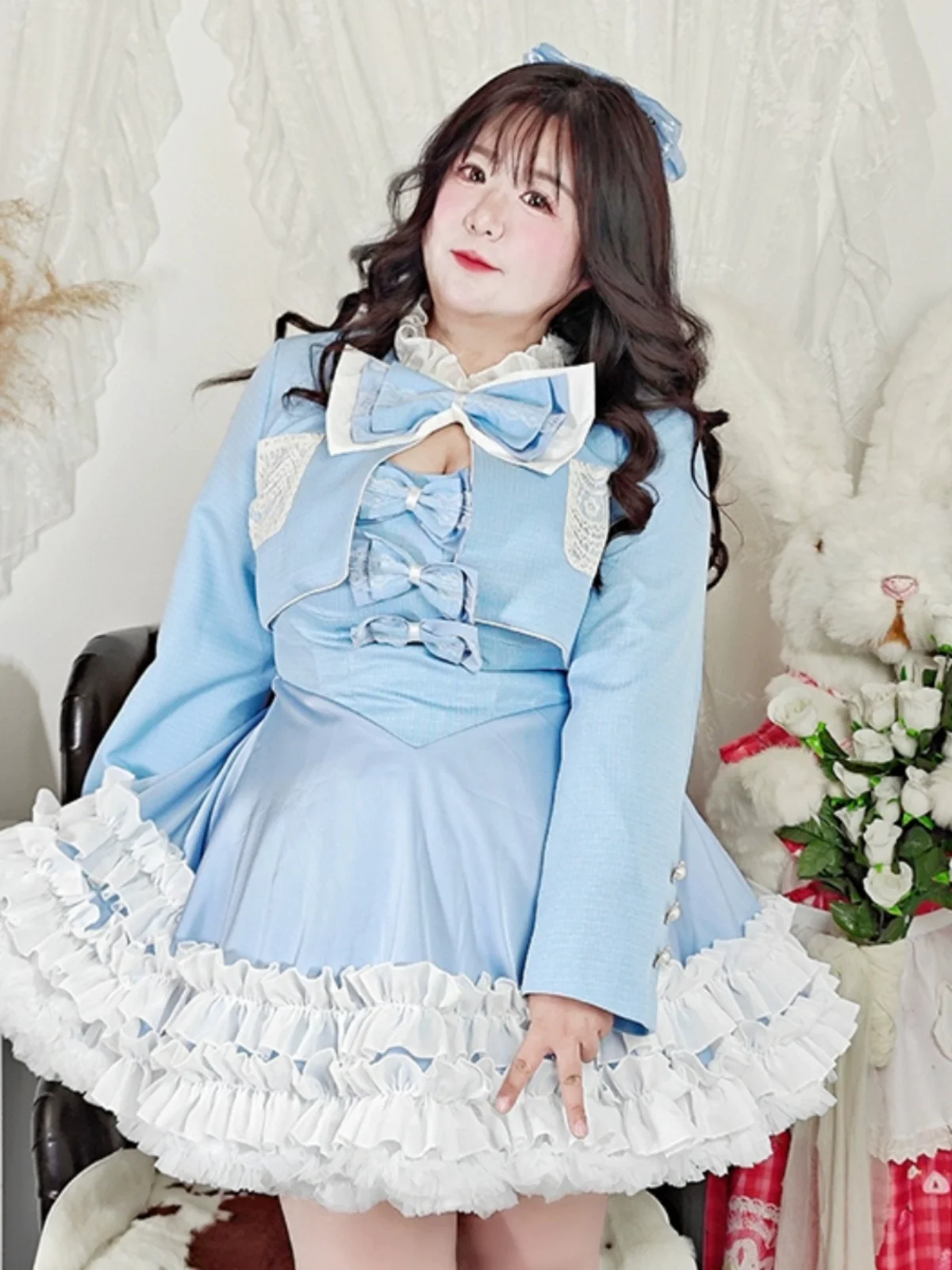 Plus Size Glacier Blue EGL Winter Ruffled Strap Dress & Tweed Jacket Two Piece Set - Image 4