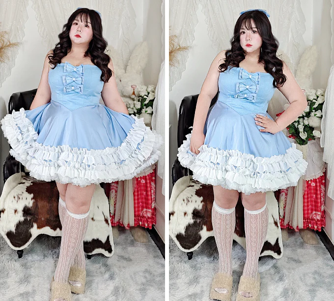 Plus Size Glacier Blue EGL Winter Ruffled Strap Dress & Tweed Jacket Two Piece Set - Image 6
