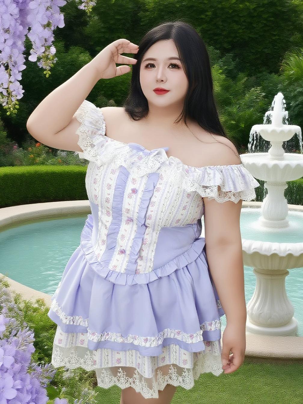 Plus Size Lavender Floral Purple Off Shoulder Top Skirt Two Piece Set - Image 7