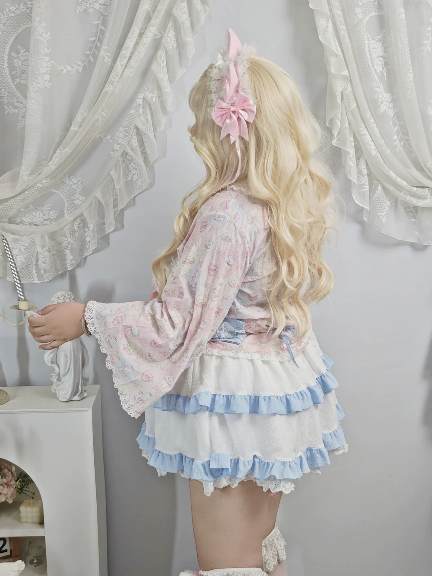 Plus Size Pink Cat Kimino Inspired Top Skirt Two Piece Set - Image 3