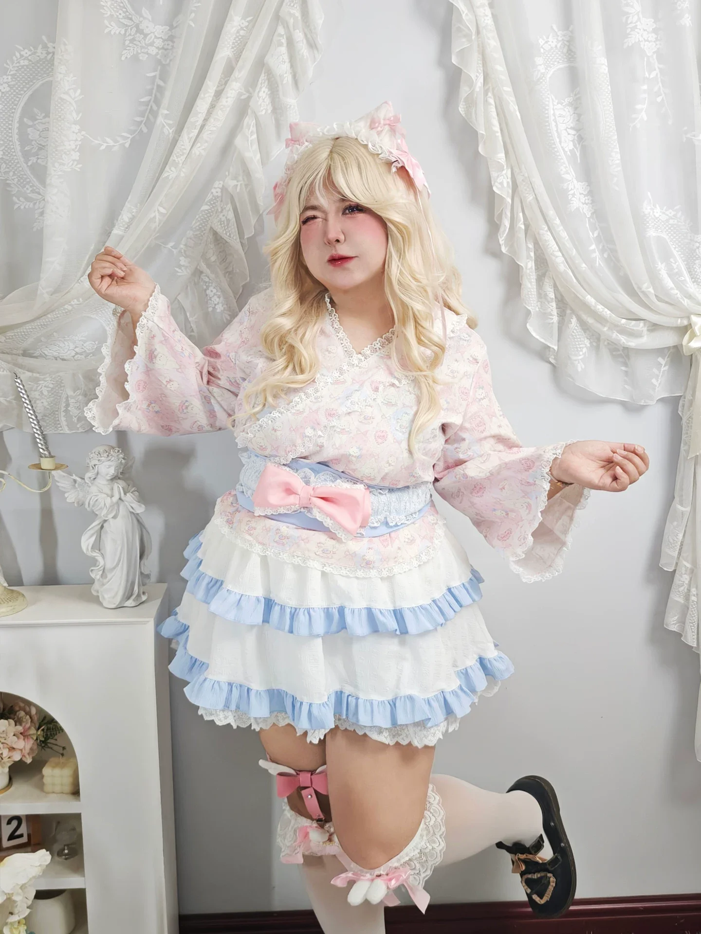 Plus Size Pink Cat Kimino Inspired Top Skirt Two Piece Set - Image 4