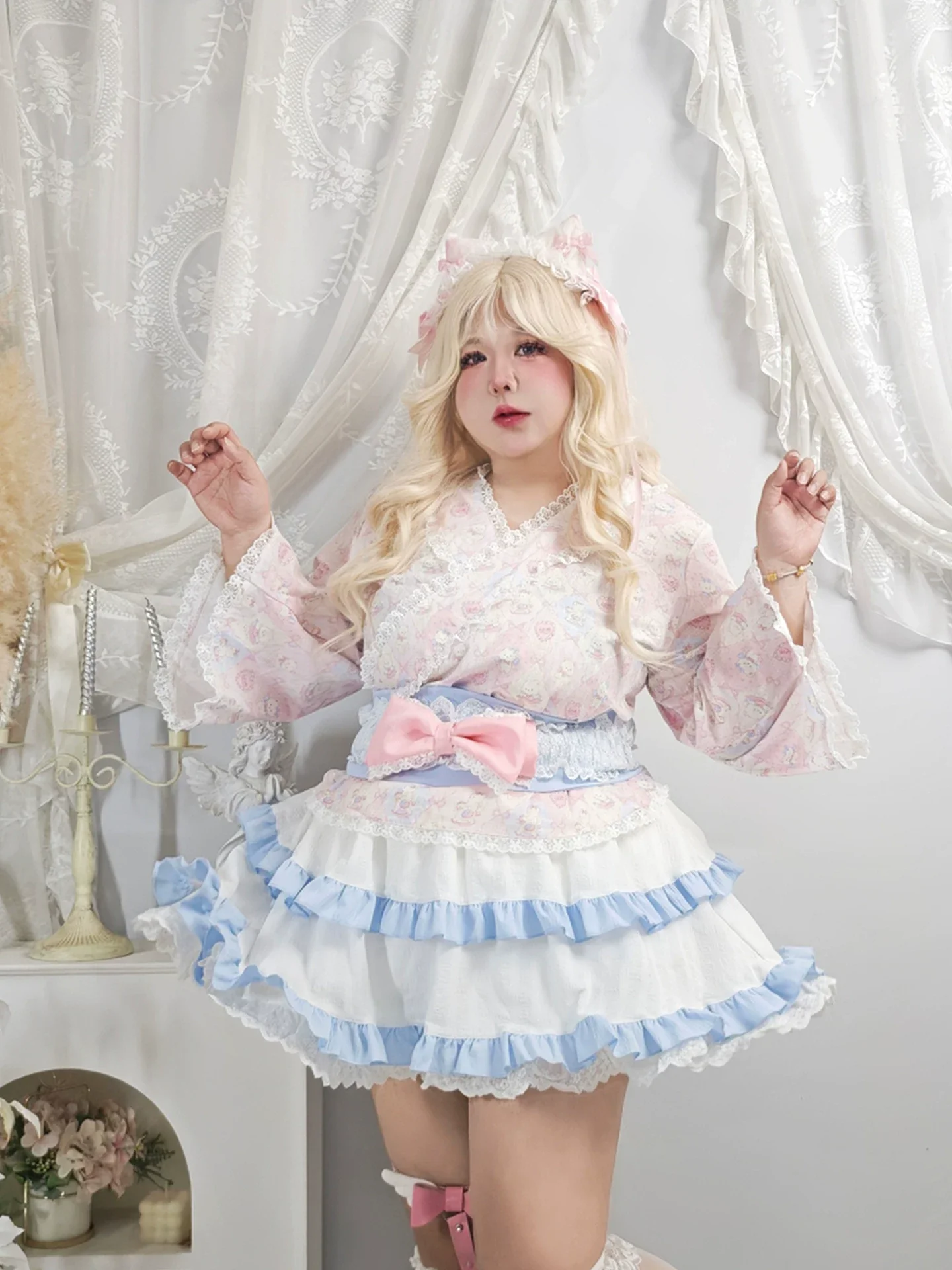 Plus Size Pink Cat Kimino Inspired Top Skirt Two Piece Set - Image 5