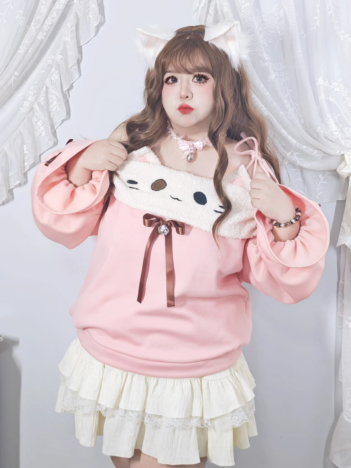 Plus Size Pink Cat Sweater White Skirt Bloomers Two Piece Set - Image 7