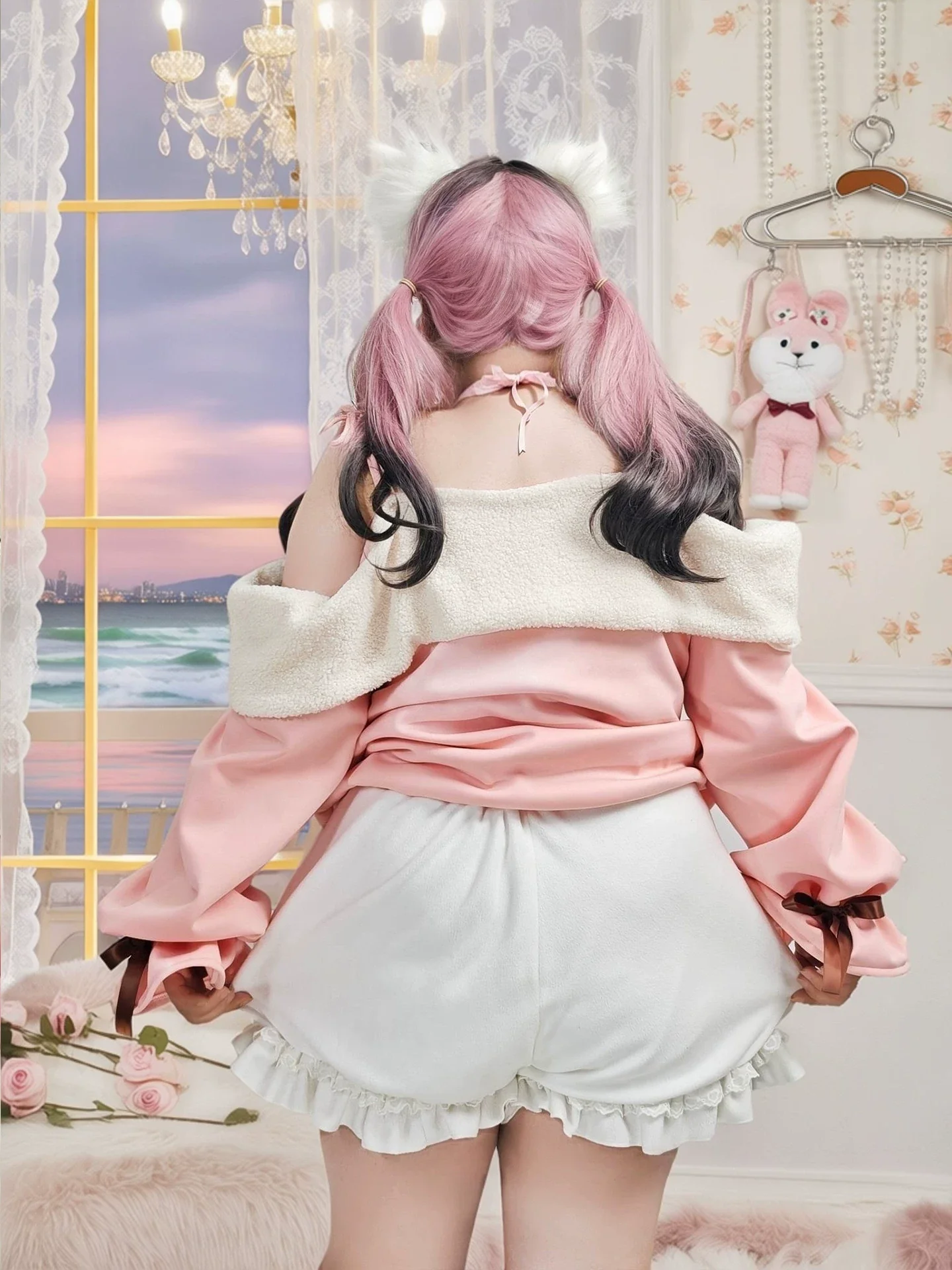 Plus Size Pink Cat Sweater White Skirt Bloomers Two Piece Set - Image 9