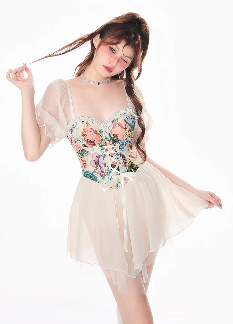 Plus Size Roca Retro Floral One Piece Puff Sleeve Swimsuit - Image 5
