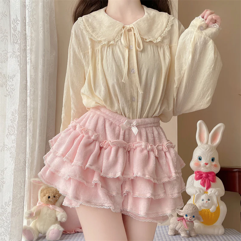Plus Size Sweet Pink Lolita Bow Velvet Plush Pink Ruffled Bloomers Shorts - Image 9