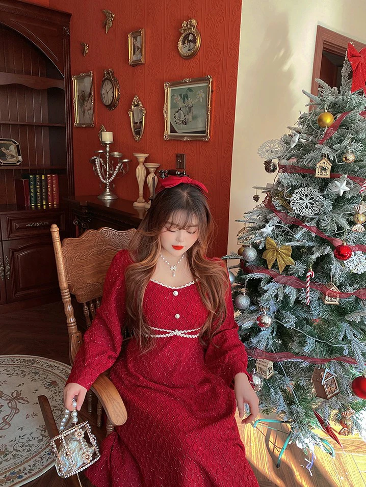 Plus Size Xmas Christmas Holiday Festive Long Red Dress - Image 4