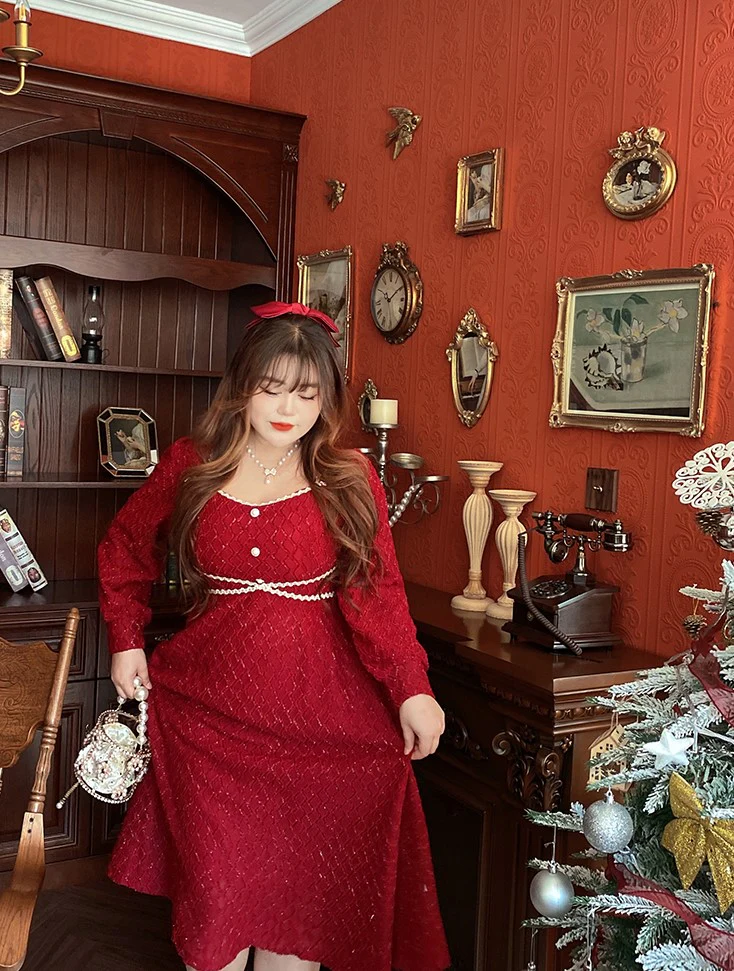 Plus Size Xmas Christmas Holiday Festive Long Red Dress - Image 7