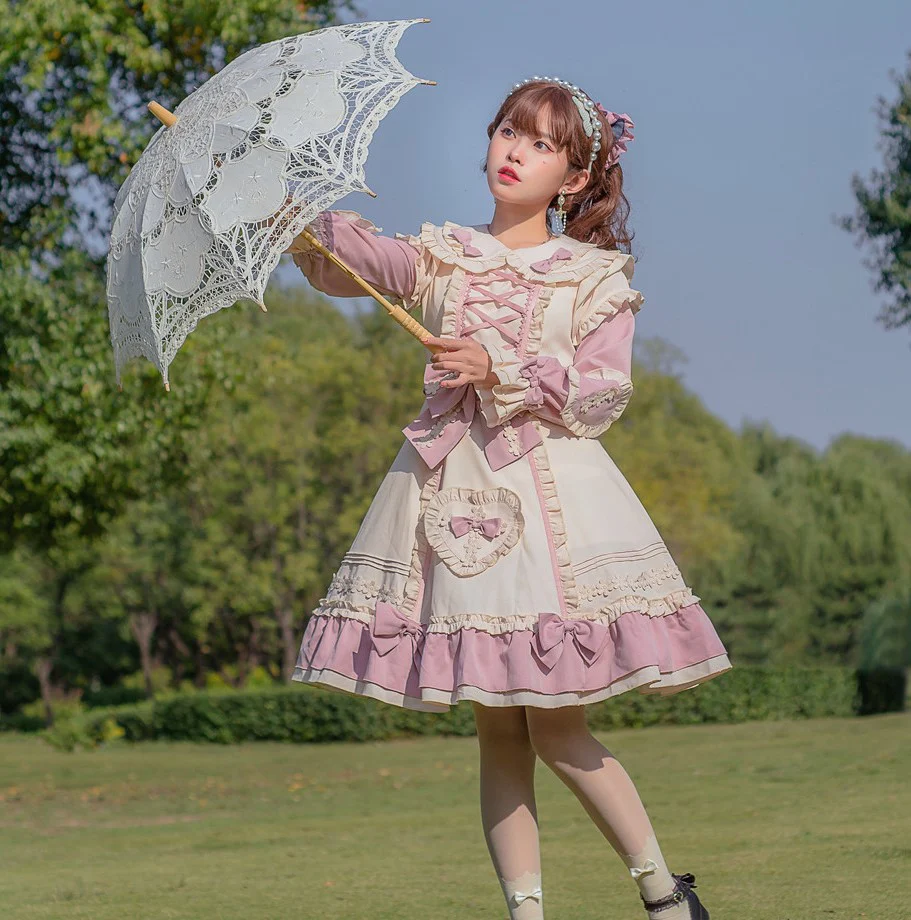 Plus Size Women Lace Bow Tea Time Pastel White Pink Long Sleeve Dress - Image 3