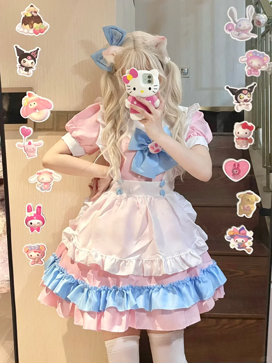 Serendipity Cat Claw Bow White Apron Blue Pink Maid Dress - Image 3