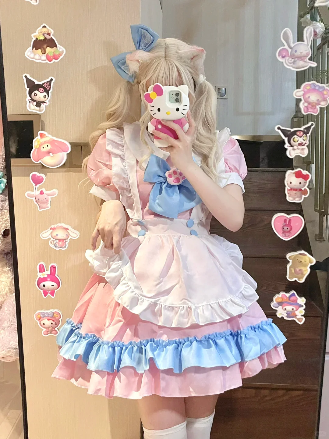 Serendipity Cat Claw Bow White Apron Blue Pink Maid Dress - Image 4