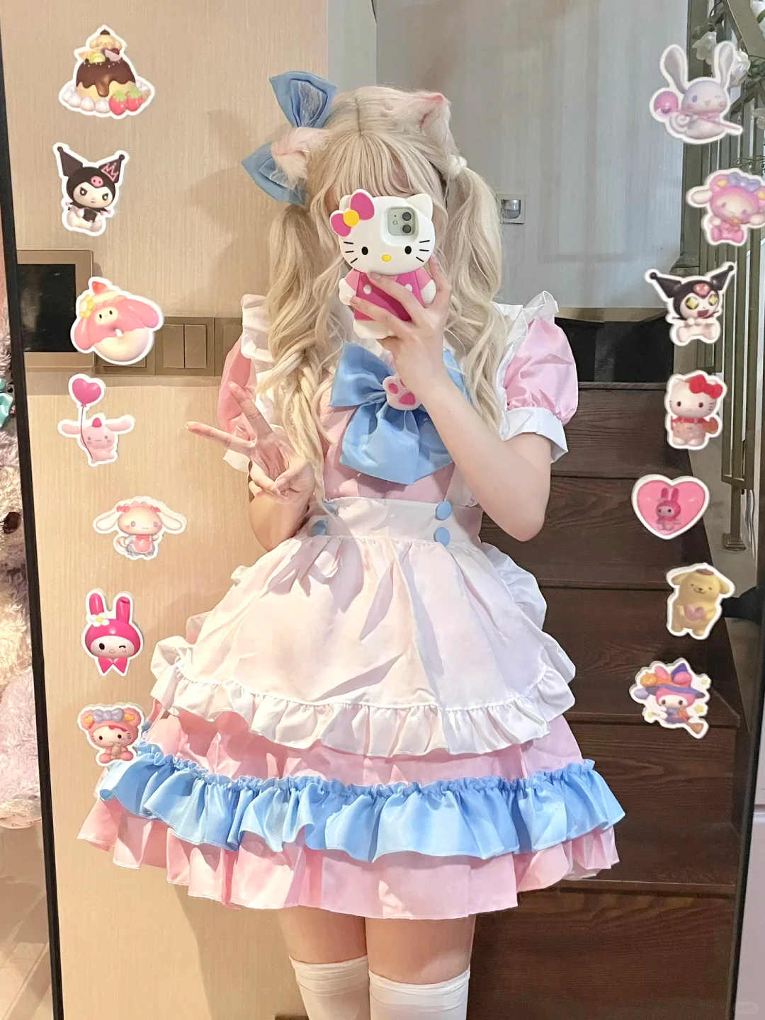 Serendipity Cat Claw Bow White Apron Blue Pink Maid Dress - Image 5