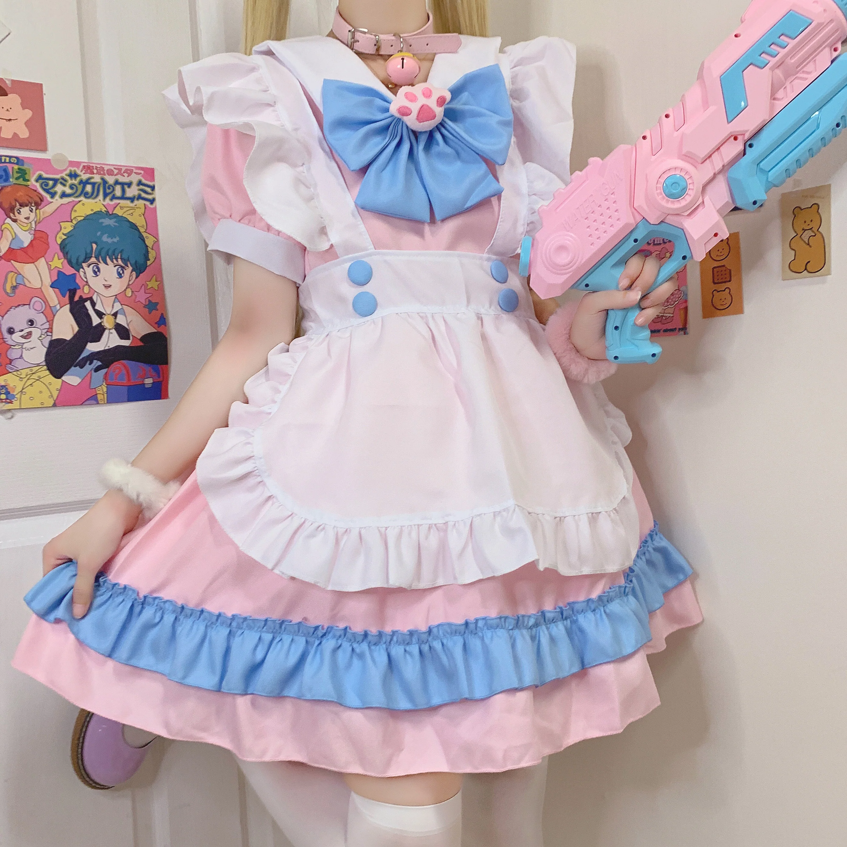 Serendipity Cat Claw Bow White Apron Blue Pink Maid Dress - Image 6