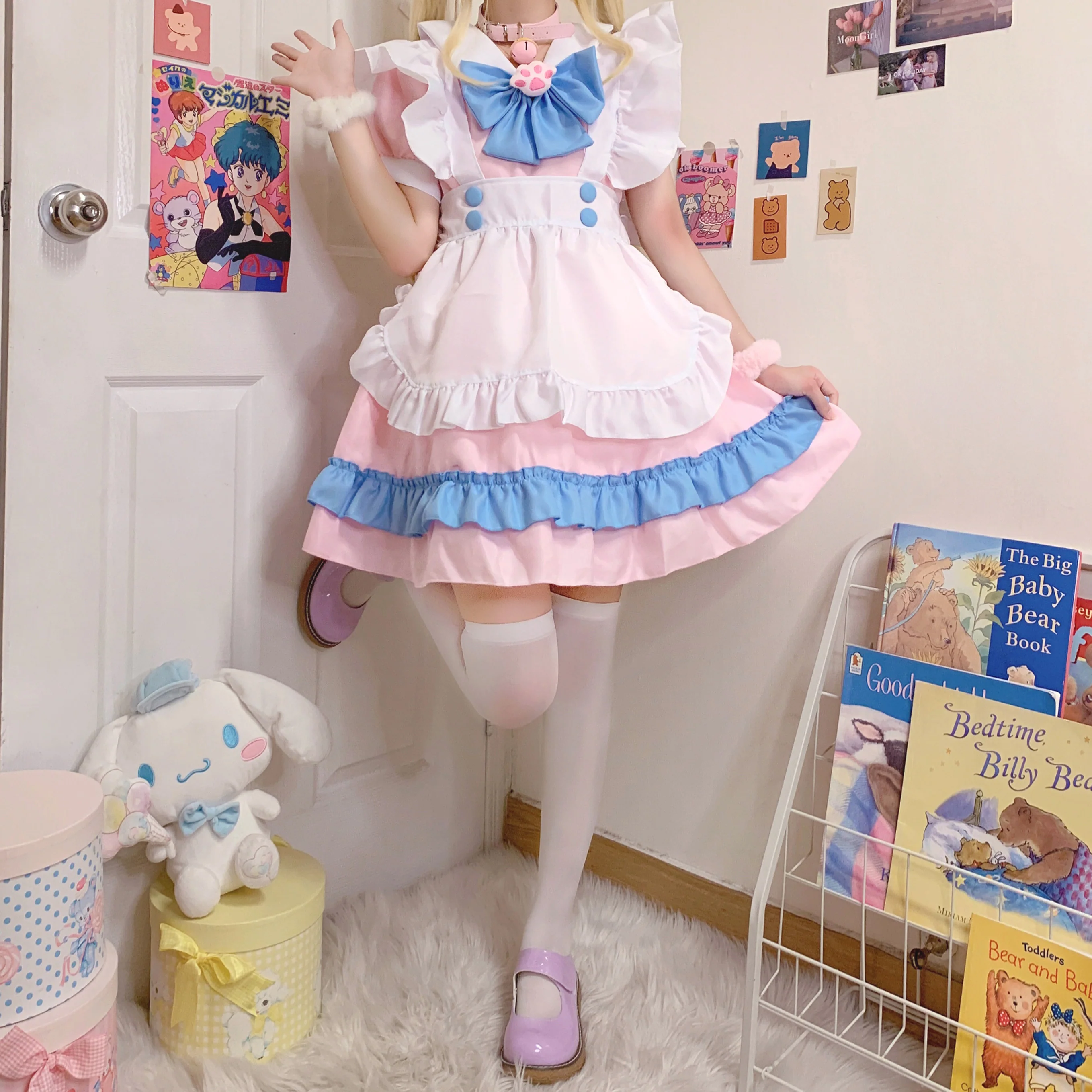 Serendipity Cat Claw Bow White Apron Blue Pink Maid Dress - Image 7