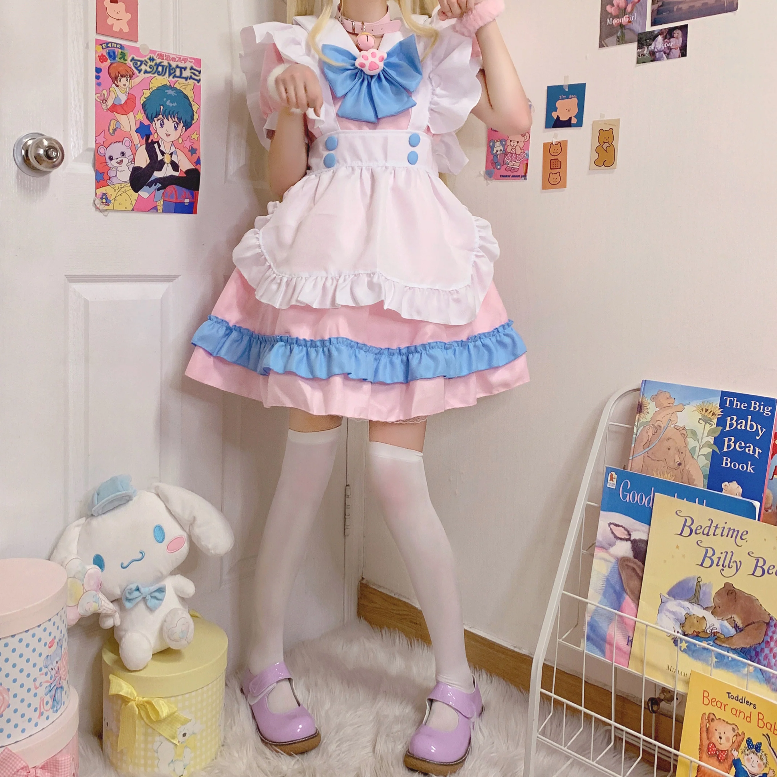 Serendipity Cat Claw Bow White Apron Blue Pink Maid Dress - Image 9