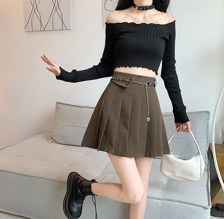 Plus Size Brown Black Gray High Waist Pleated Skirt - Image 6