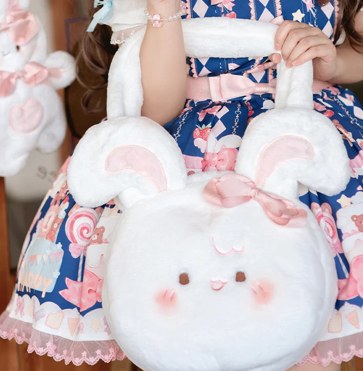 Plush White Pink Rabbit Bunny Big Bow Ribbon Doll Messenger Handbag Bag - Image 2