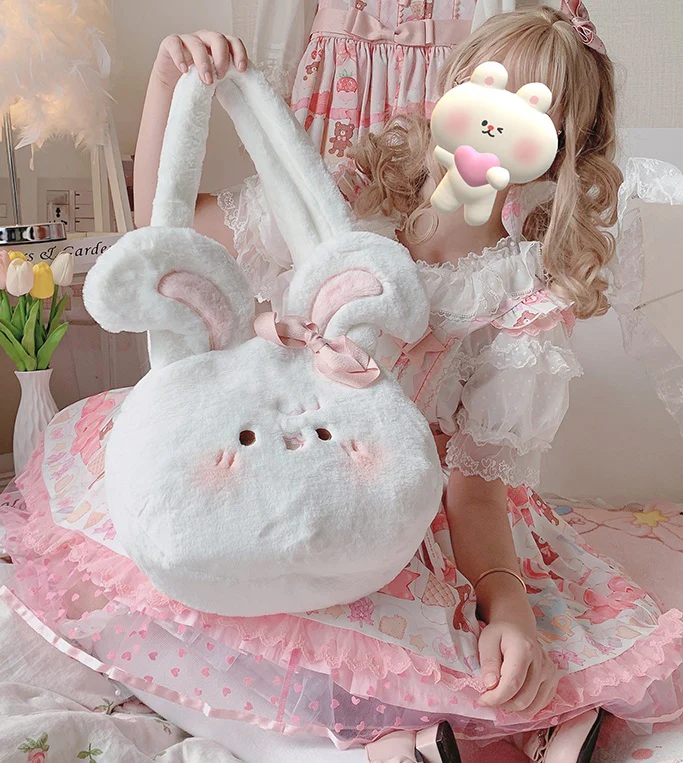 Plush White Pink Rabbit Bunny Big Bow Ribbon Doll Messenger Handbag Bag - Image 4