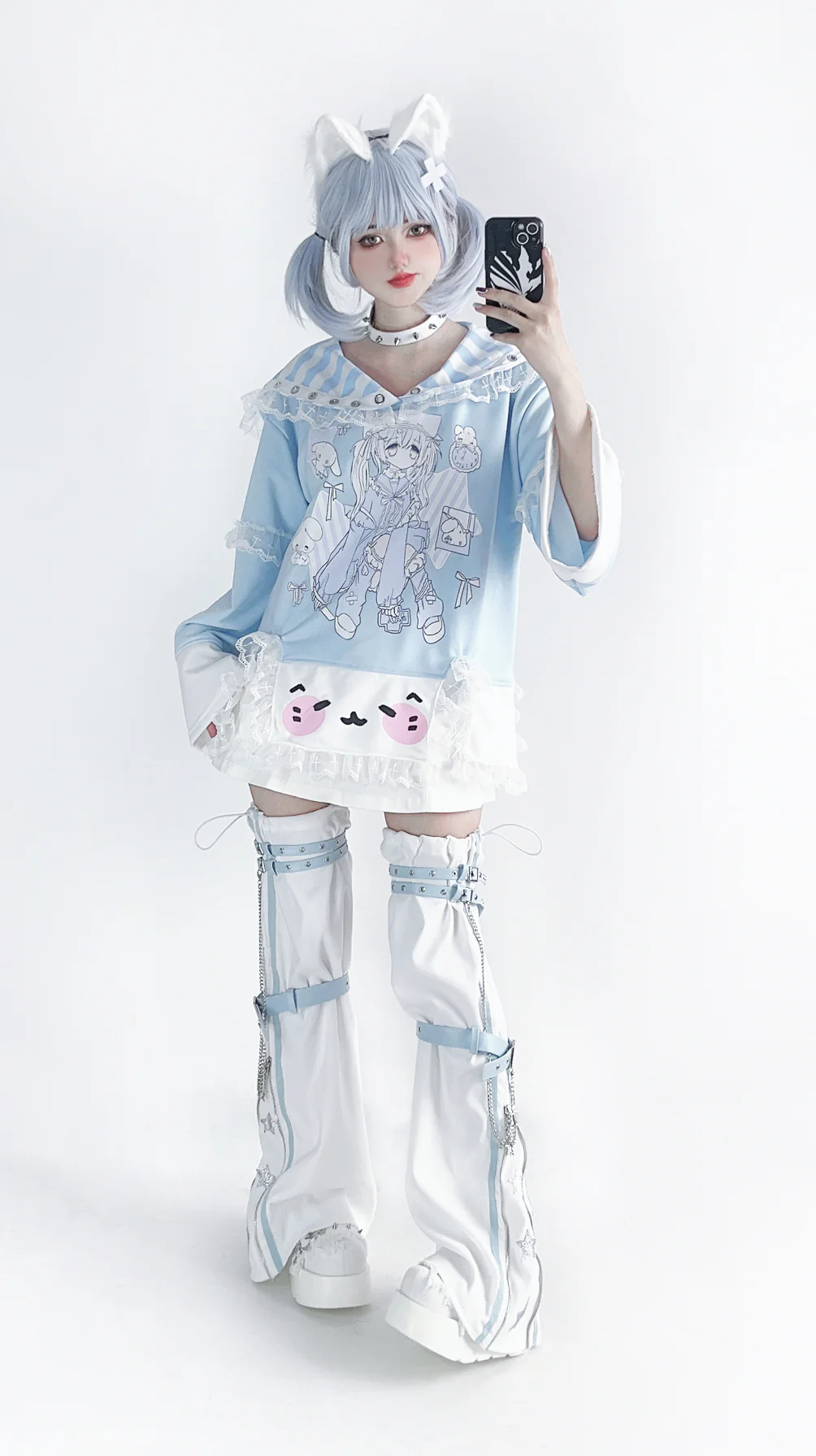 Pocket Cat Star Chain Black White Blue Leg Warmers - Image 10