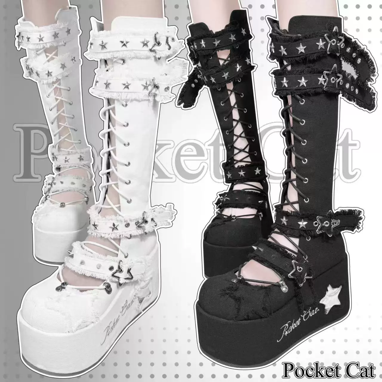 Pocket Cat Star Mark Black & White Chucky Knee High Boots - Image 2