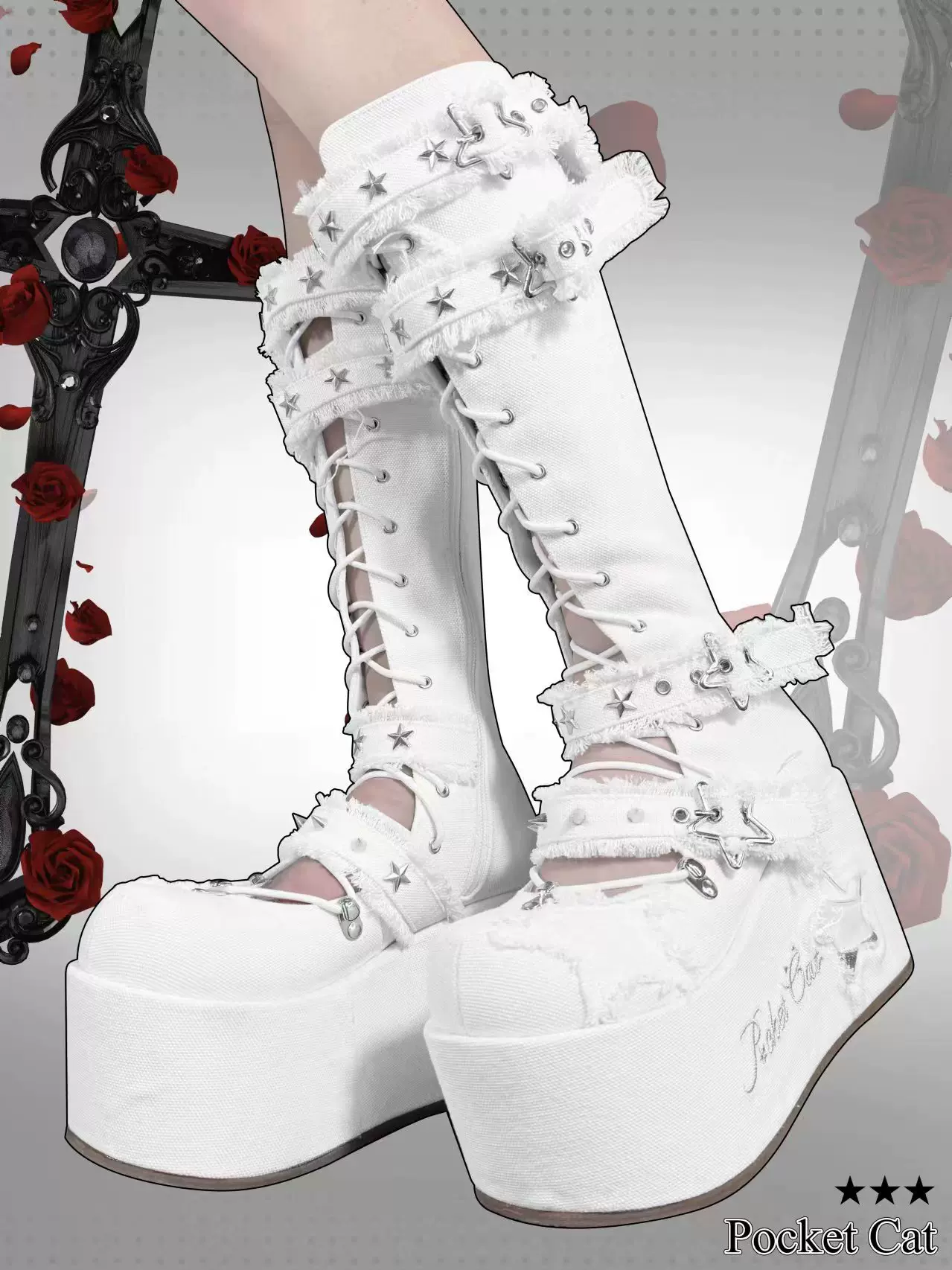 Pocket Cat Star Mark Black & White Chucky Knee High Boots - Image 3
