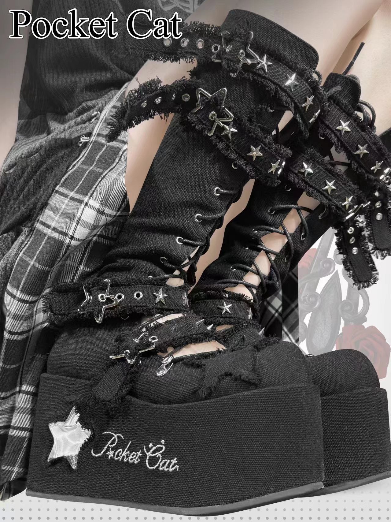 Pocket Cat Star Mark Black & White Chucky Knee High Boots - Image 4
