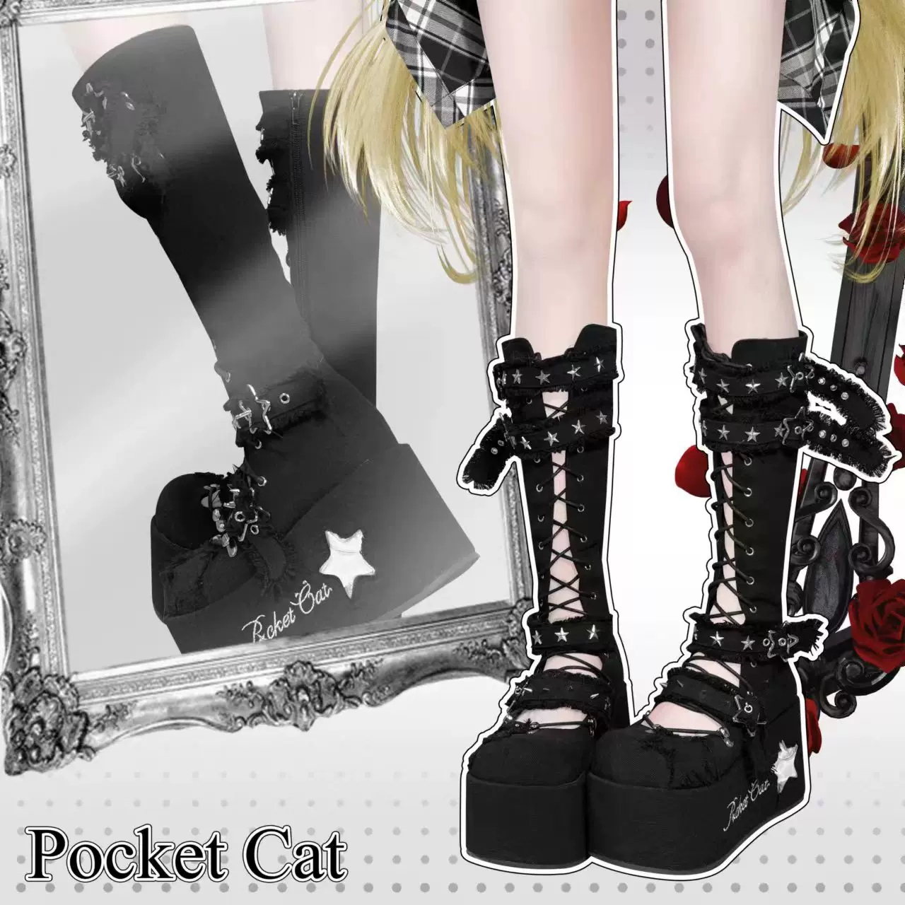 Pocket Cat Star Mark Black & White Chucky Knee High Boots - Image 6