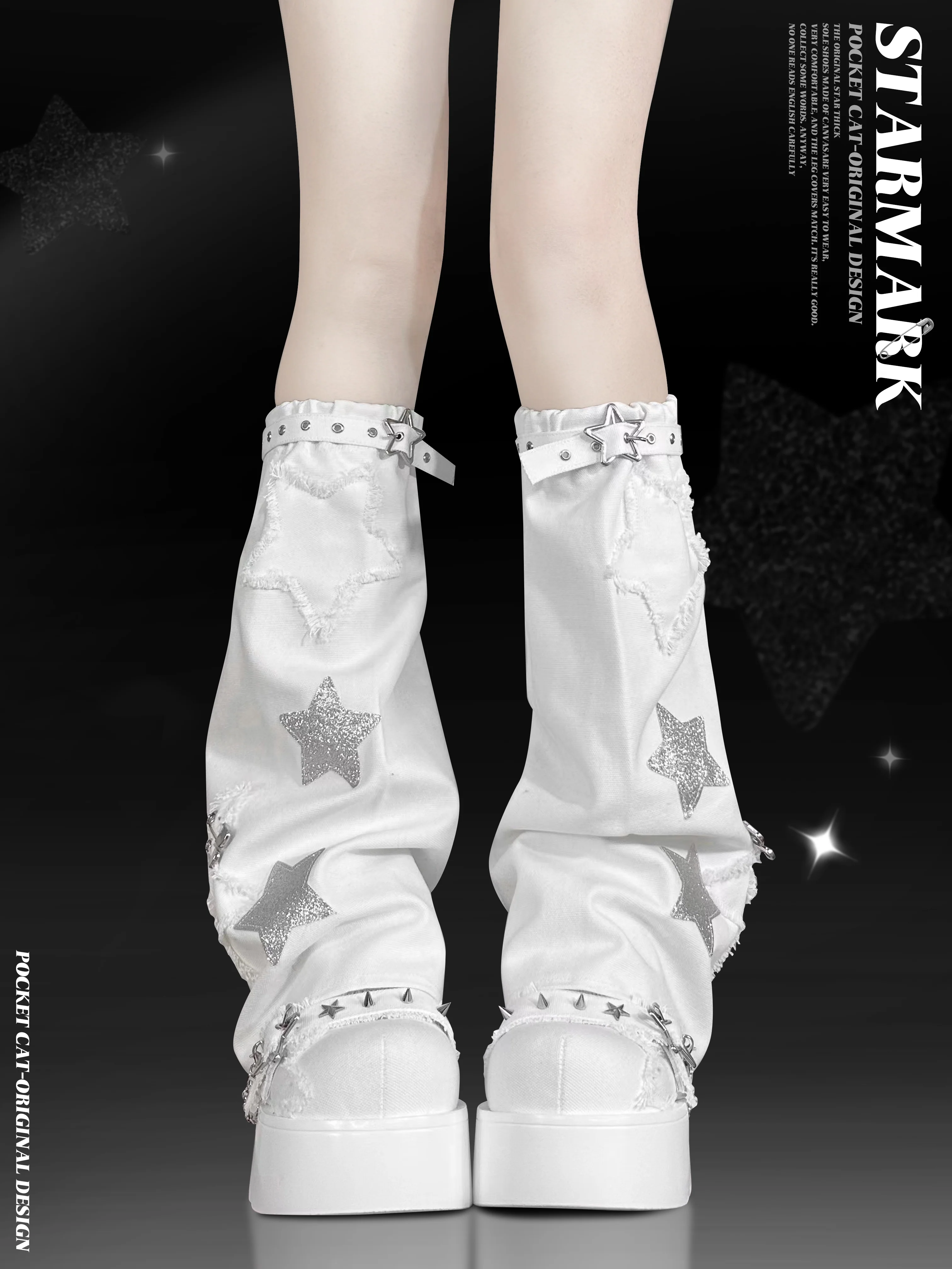 Pocket Cat Star Mark Black White Denim Blue Leg Warmers - Image 5