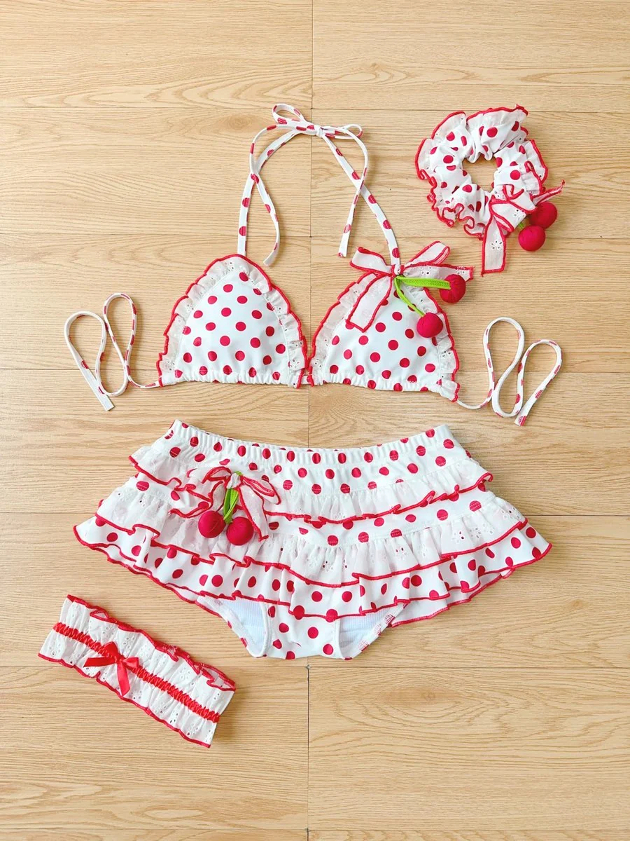 Polka Dot Cherry Bikinis Pink Red Green Two Piece Swimsuit - Image 10
