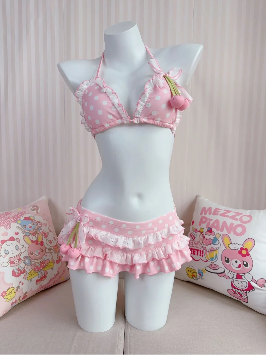 Polka Dot Cherry Bikinis Pink Red Green Two Piece Swimsuit - Image 3