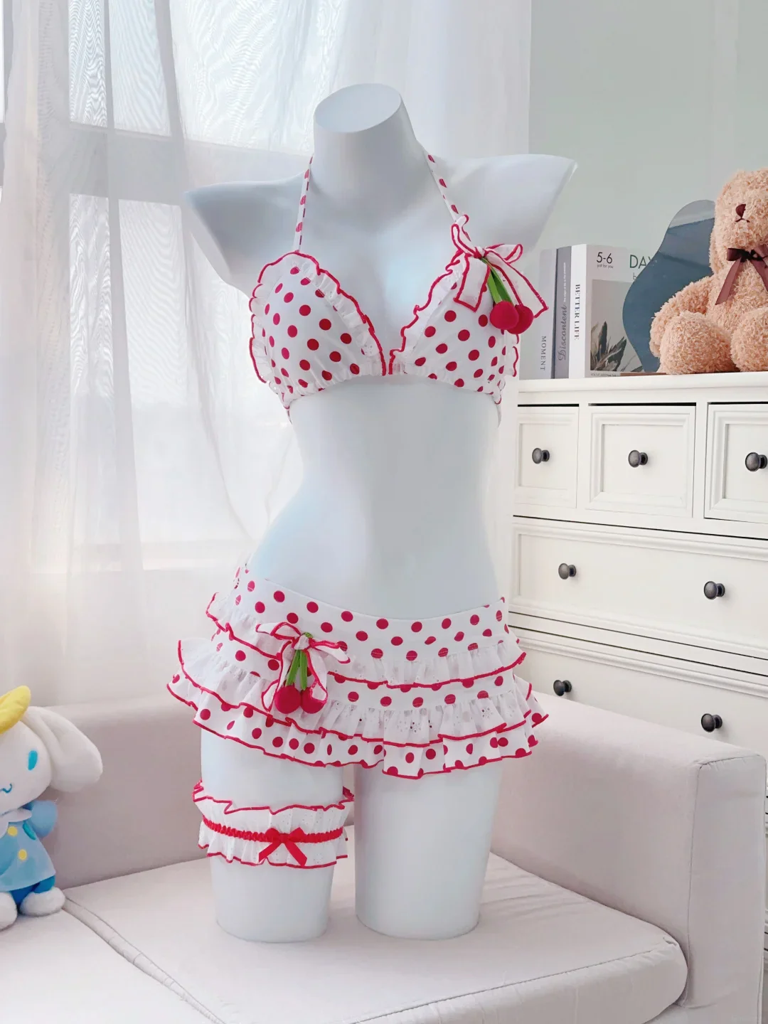 Polka Dot Cherry Bikinis Pink Red Green Two Piece Swimsuit - Image 5
