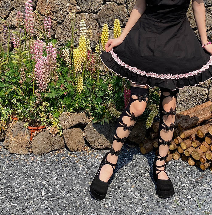 Pretty Hollow Butterfly White Black Hot Pink Thigh High Stockings - Image 2