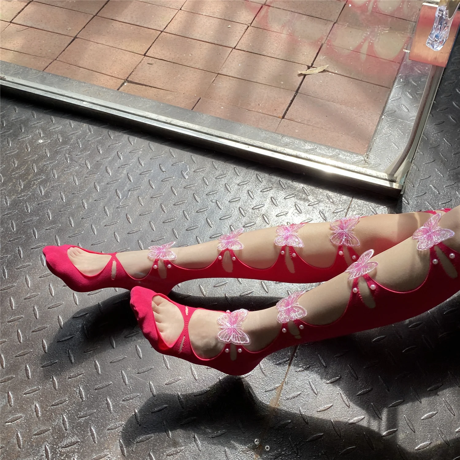 Pretty Hollow Butterfly White Black Hot Pink Thigh High Stockings - Image 3
