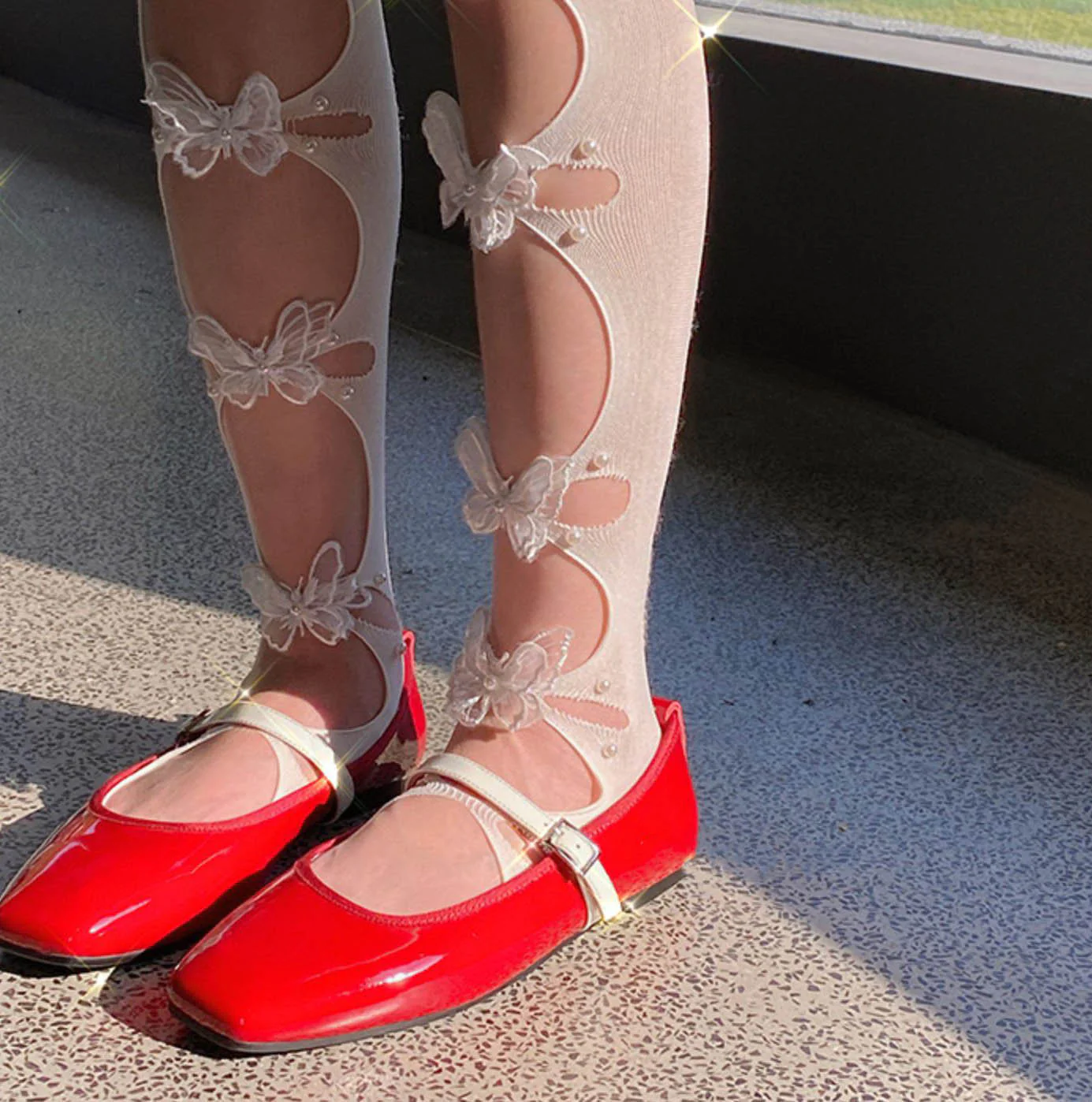 Pretty Hollow Butterfly White Black Hot Pink Thigh High Stockings - Image 4